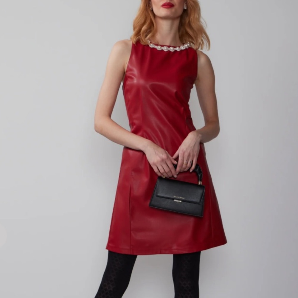 NY&Co Sleeveless Pearl Neck Vegan Leather Mini Dress